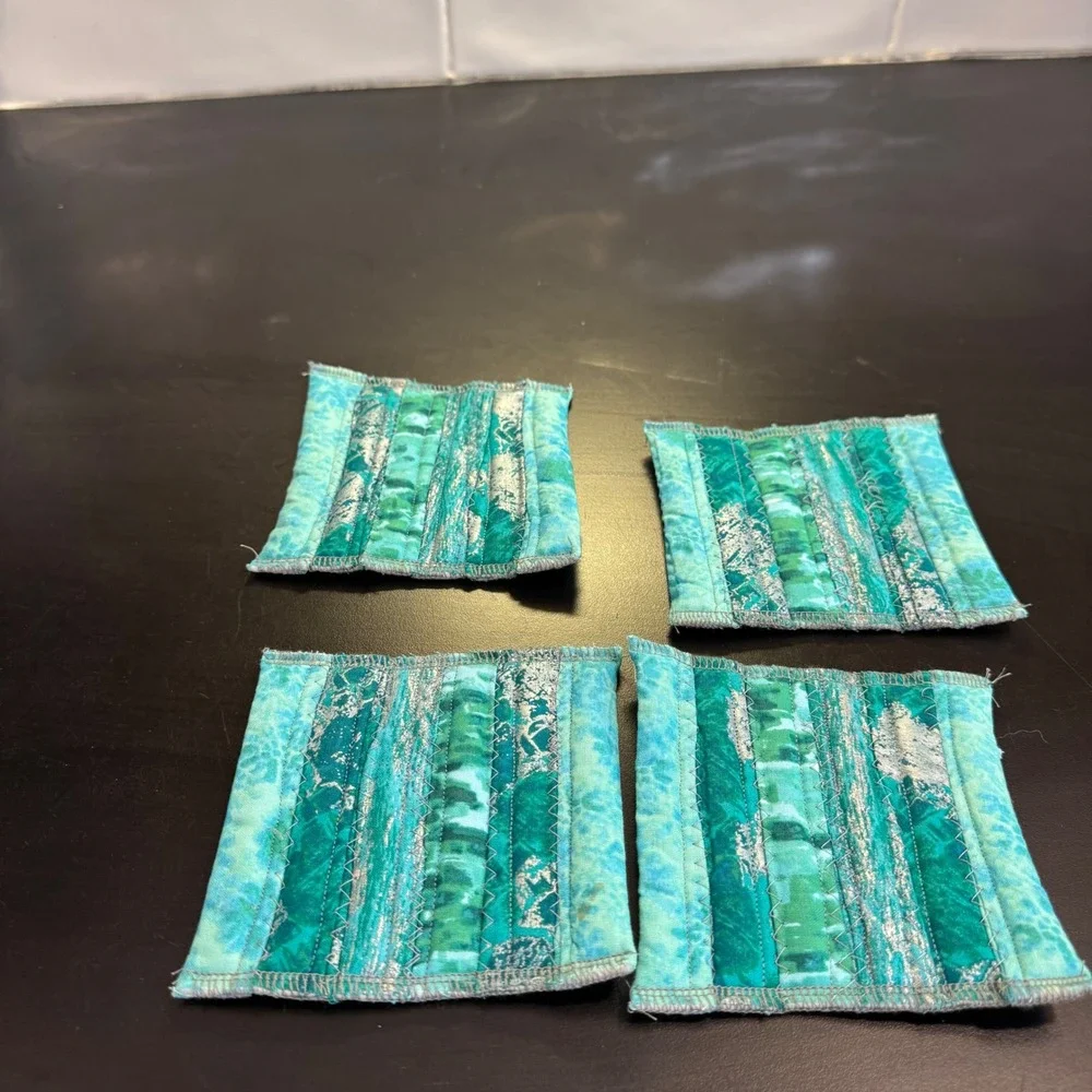 Handmade Quilted Coasters Set of 4 Teal Green Silver Boho Coastal Decor